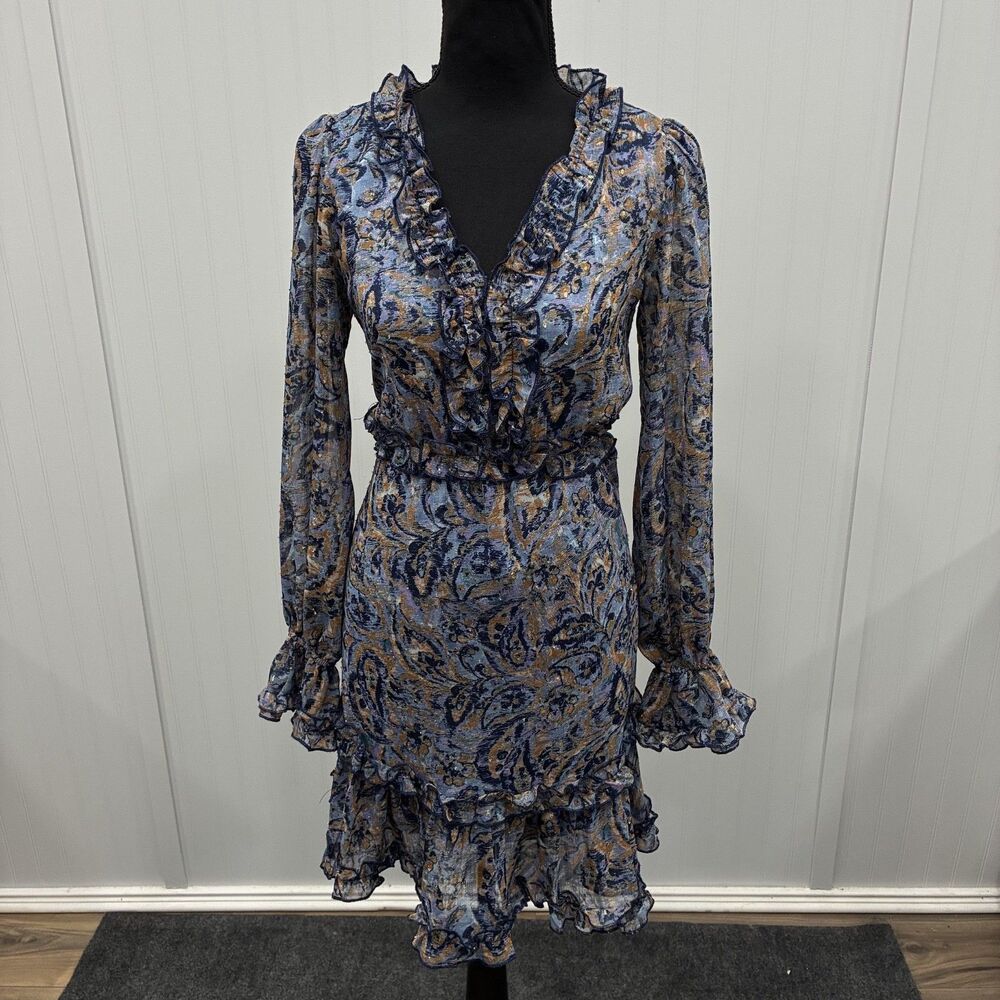 BTFL-Life Paisley Ruffle Mini Dress XS Blue Gold Lurex Metallic L/S V-Neck